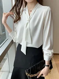 PINKHUB Elegant Women's Tie Neck Summer Long Sleeve V-Neck Chiffon Korean Style Plain Business Work Shirts Blouse Top-thumb3