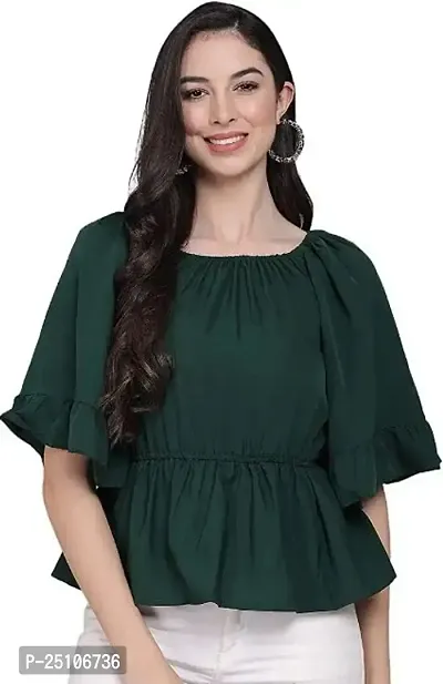 PINKHUB Women  Girl Ruffled Wing Sleeves Off Shoulder Crop Top (Medium, Green)