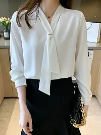 PINKHUB Elegant Women's Tie Neck Summer Long Sleeve V-Neck Chiffon Korean Style Plain Business Work Shirts Blouse Top-thumb4