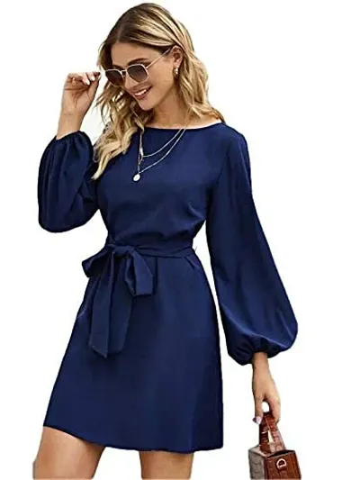 PINKHUB Women's Belted Bishop Sleeve Mini Dress