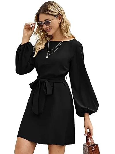 PINKHUB Women's Belted Bishop Sleeve Mini Dress