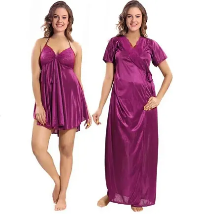 PINKHUB Women's Satin Babydoll Night Dress with Robe
