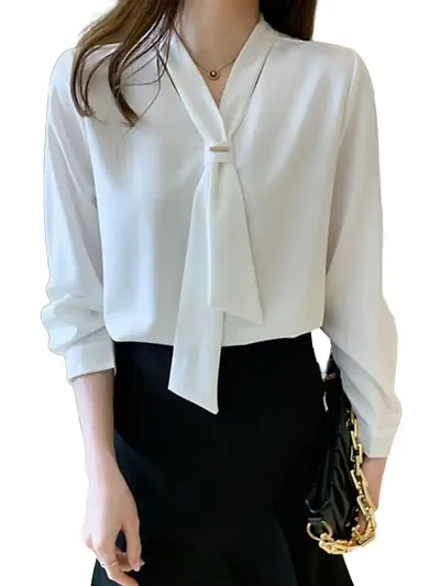 PINKHUB Elegant Women's Tie Neck Summer Long Sleeve V-Neck Chiffon Korean Style Plain Business Work Shirts Blouse Top