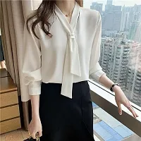 PINKHUB Elegant Women's Tie Neck Summer Long Sleeve V-Neck Chiffon Korean Style Plain Business Work Shirts Blouse Top-thumb2