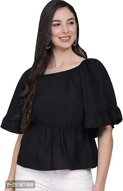 PINKHUB Women  Girl Ruffled Wing Sleeves Off Shoulder Crop Top (Large, Black)