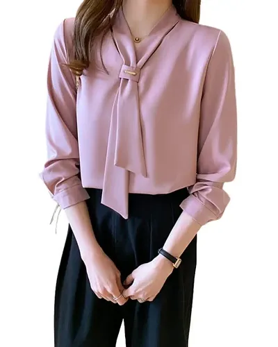 PINKHUB Elegant Women's Tie Neck Summer Long Sleeve V-Neck Chiffon Korean Style Plain Business Work Shirts Blouse Top