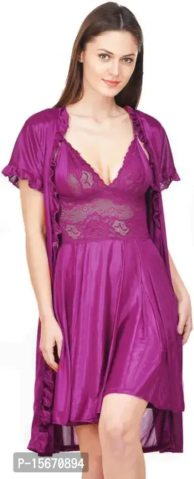 PINK HUB Women Babydoll Nighty with Robe  Panty (Colour-Wine)-thumb0