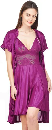 HUB Women Babydoll Nighty with Robe Panty (Colour-Wine)