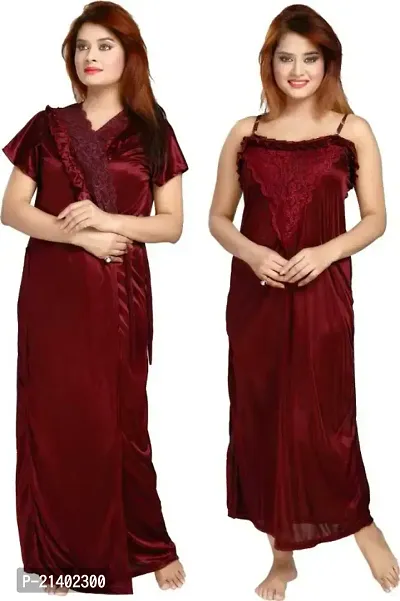 Women Satin Lace Nighty with Robe -color-MAROON
