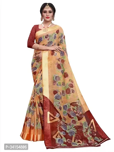 Stylish Peach Cotton Blend Saree With Blouse Piece For Women-thumb0