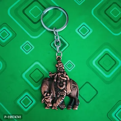 Sujal Impex Religious Lord Krishna with Cow Idolnbsp;Brown Brass Metal Keychain For Men And Women-thumb3