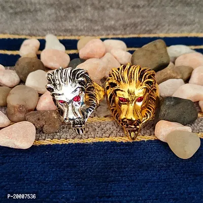 Sujal Impex Bikers jewelry  Lion Head Ring Best Quality Stainless Steel Ring (Combo)  Silver And Gold Metal Ring For Men And Women-thumb0
