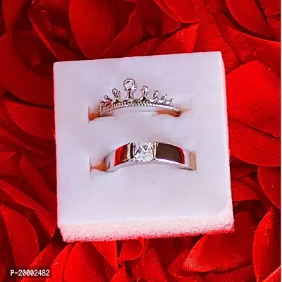 Sujal Impex  King Crown Queen Adjustable 925 Sterling Silver Plated Crystal Proposal Stainless Steel Ring Set For Men And Women
