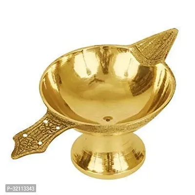 Hand Crafted Metal Brass Diya with Handle Oil Wick for Pooja-thumb0