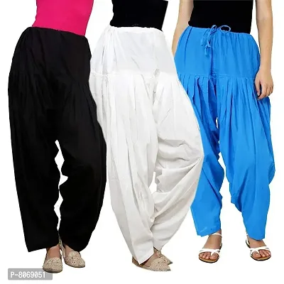 ENDFASHION Woman Cotton Patiala Salwar Pants for Women/Girls Bottom Combo Pack of 3 - Free Size (Cotton, Black,White&SkyBlue)