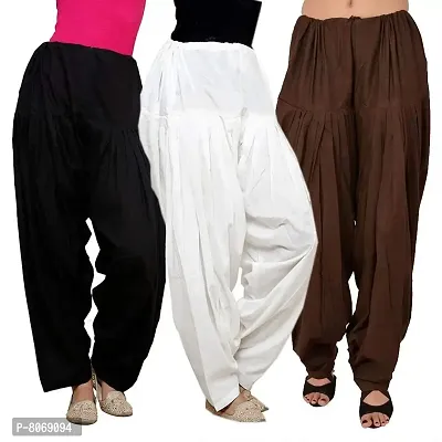 ENDFASHION Woman Cotton Patiala Salwar Pants for Women/Girls Bottom Combo Pack of 3 - Free Size (Cotton, Black,White&Brown)