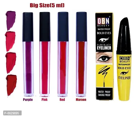 Combo of NattyU Red edition lipsticks Big Size 5 ml Each with Free OBN Liquid eyeliner Black-thumb0