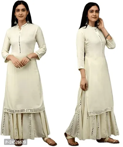 Elegant Cream Mirror Work Viscose Rayon Kurta with Palazzo Set For Women