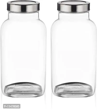 Square Big Glass Containers For Kitchen Storage Food Storage Jar, See Through Steel Cap, 3000ML Pack Of 2