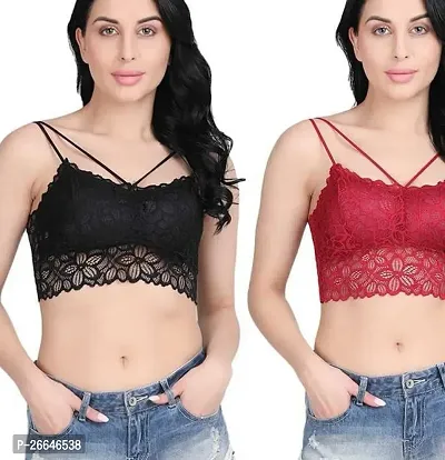 Stylish Multicoloured Net Lace Non Padded Bras For Women-thumb0