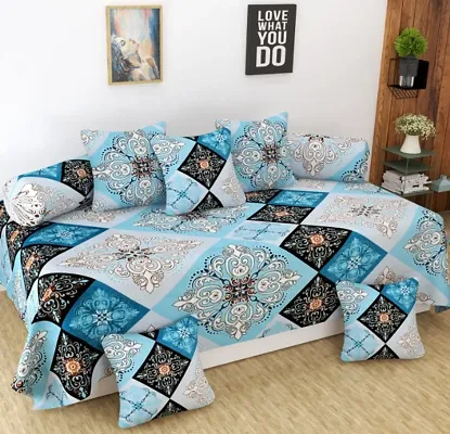 Glace Cotton 8 Pieces Diwan Set with Single bedsheet, 5 Cushions Covers and 2 Bolster Covers