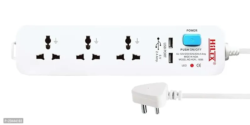 Hilex 3 Way Extension Board - 3 Universal Socket + 1 Switch, 10A, Doual USB and 2500W - 2.7m Heavy Duty Cable - White, Medium-thumb0