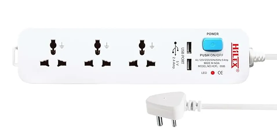 Hilex 3 Way Extension Board - 3 Universal Socket + 1 Switch, 10A, Doual USB and 2500W - 2.7m Heavy Duty Cable - White, Medium