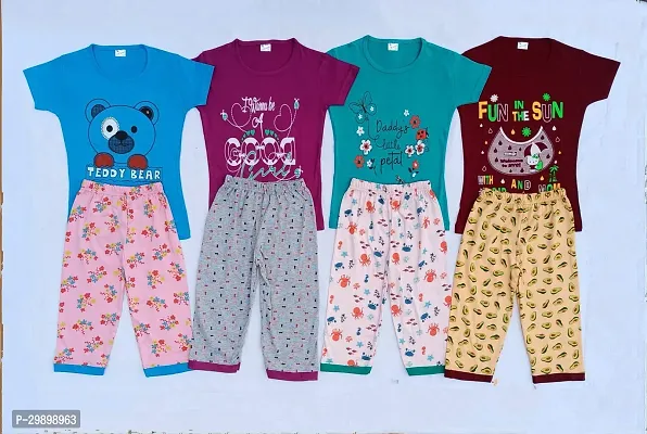 Stylish Multicoloured Cotton Printed Top With Bottom Set For Girls Pack Of 4-thumb0