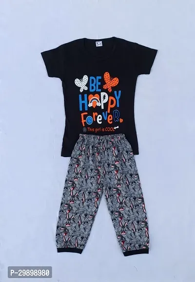 Stylish Black Cotton Printed Top With Bottom Set For Girls-thumb0