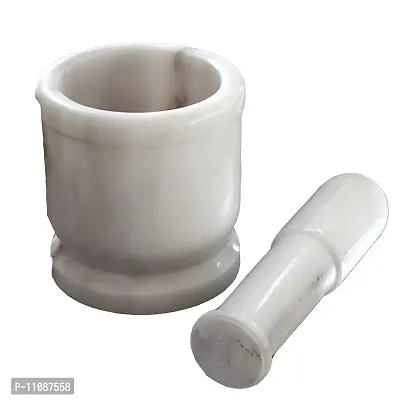 GUNEE Rajasthan Marble Imam Dasta, Mortar and Pestle Set, Ohkli Musal, Kharal Best for Ginger, Garlic and Whole Spices Crushing (3 Inch, White)