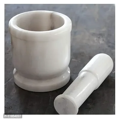 GUNEE White Rajasthani Makrana Marble Imam Dasta, Made in India Mortar and Pestle Set, Hand Crafted Ohkli Musal, Kharal - Diameter 4 inch, Height 2.5 inch