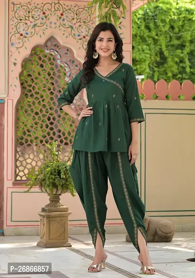 Attractive Green Viscose Rayon Kurti With Dhoti Pant For Women