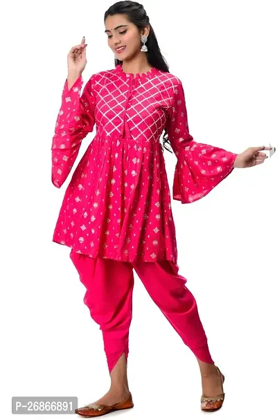 Attractive Pink Viscose Rayon Kurti With Dhoti Pant For Women