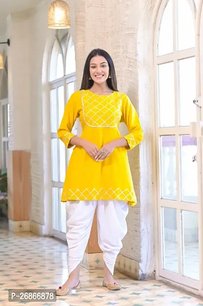 Attractive Yellow Viscose Rayon Kurti With Dhoti Pant For Women