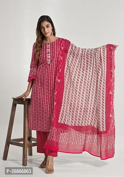 Attractive Red Viscose Rayon Kurta Pant With Dupatta Set For Women
