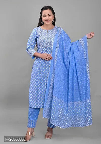 Attractive Blue Viscose Rayon Kurta Pant With Dupatta Set For Women