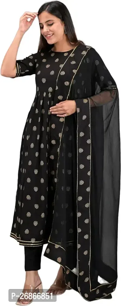 Attractive Black Viscose Rayon Kurta Pant With Dupatta Set For Women