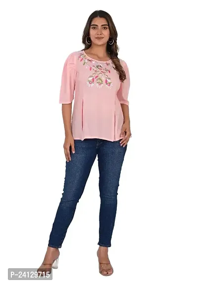 Armiya Women's Casual Puff Sleeve Embroidered Tops  Tunics for Girls - Baby Pink