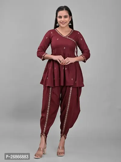 Attractive Maroon Viscose Rayon Kurti With Dhoti Pant For Women