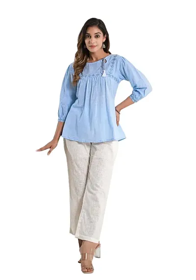 Armiya Embroidered Work Stylish Casual Tops and Tunics for Girls/Womens - Sky Blue