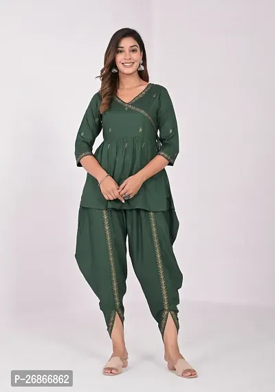 Attractive Green Viscose Rayon Kurti With Dhoti Pant For Women-thumb0