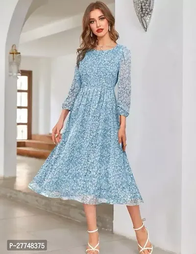 Women A-line Light Blue, White Dress-thumb0