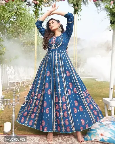 Trendy Blue Georgette Embroidered Gown For Women-thumb0