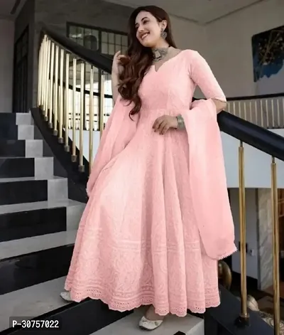 Trendy Pink Georgette Embroidered Gown with Dupatta for Women