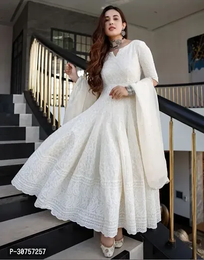 Trendy Off White Georgette Embroidered Gown with Dupatta for Women