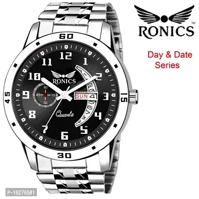 Ronics Outstanding Explorer Black Dial Metal Chain Stainless Steel Strap Day Date Premium Quality Watch