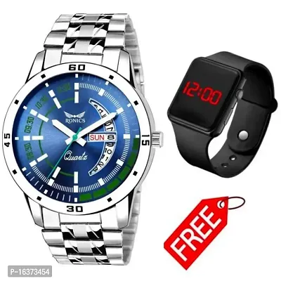 Ronics Outstanding Explorer BLUE Dial Metal Chain Stainless Steel Strap Premium Quality Day Date Watch+1CHILD WATCH