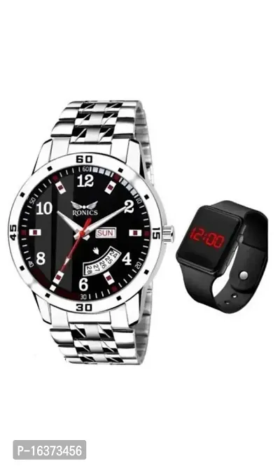 Ronics Outstanding Explorer Black Dial Metal Chain Stainless Steel Strap Premium Quality Day Date Watch+1CHILD WATCH