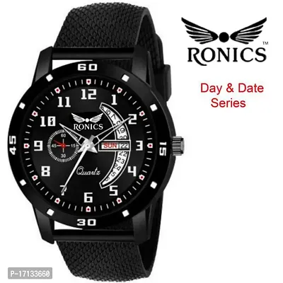 Ronics Outstanding Explorer Black Dial PU Strap Day Date Premium Quality Watch