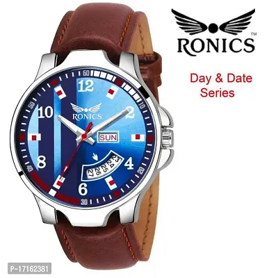 Ronics Outstanding Explorer BLUE Dial LEATHER Strap Premium Quality Day Date Watch